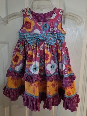 Jelly The Pug Purple & Yellow Floral Tiered Dress with Blue Bow 24 Months